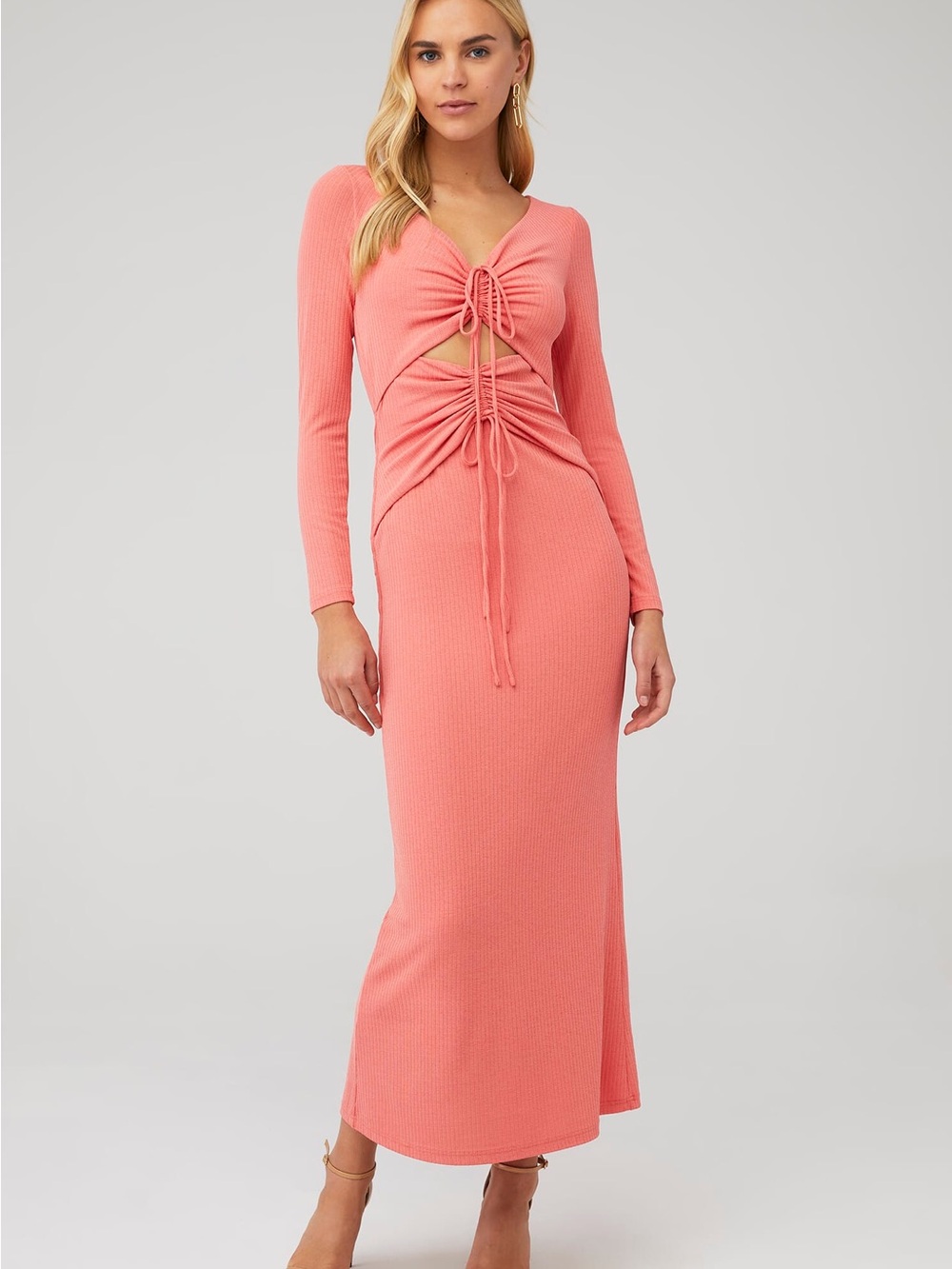 Significant Other Long Sleeve Coral Pink Tie-Front Long Sleeve Cutout Maxi Dress